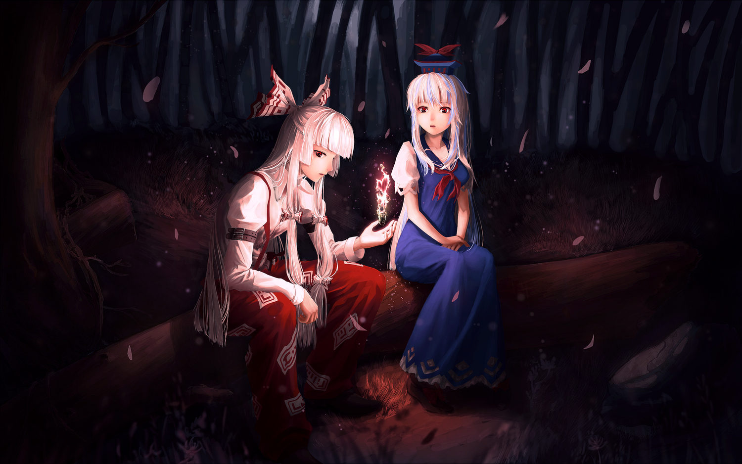 bow, dress, fire, fujiwara_no_mokou, japanese_clothes, kamishirasawa_keine, long_hair, m-ya