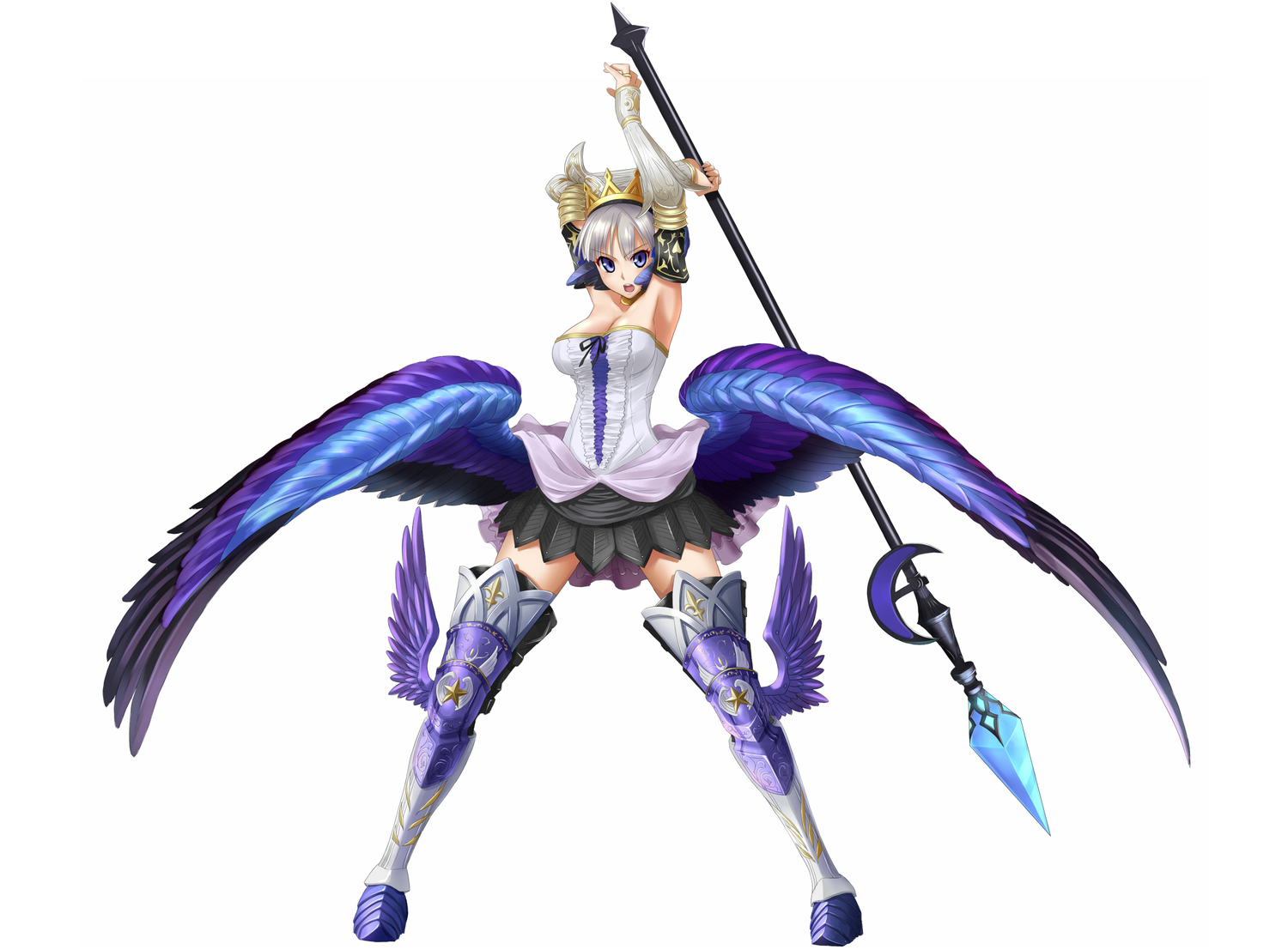 armor, blue_eyes, gray_hair, gwendolyn, odin_sphere, skirt, takebi, weapon