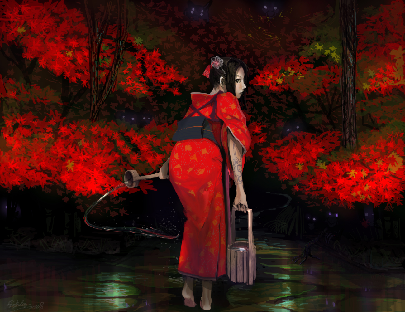 autumn, black_hair, demon, japanese_clothes, kimono, kyan-dog, leaves, original, red, tattoo