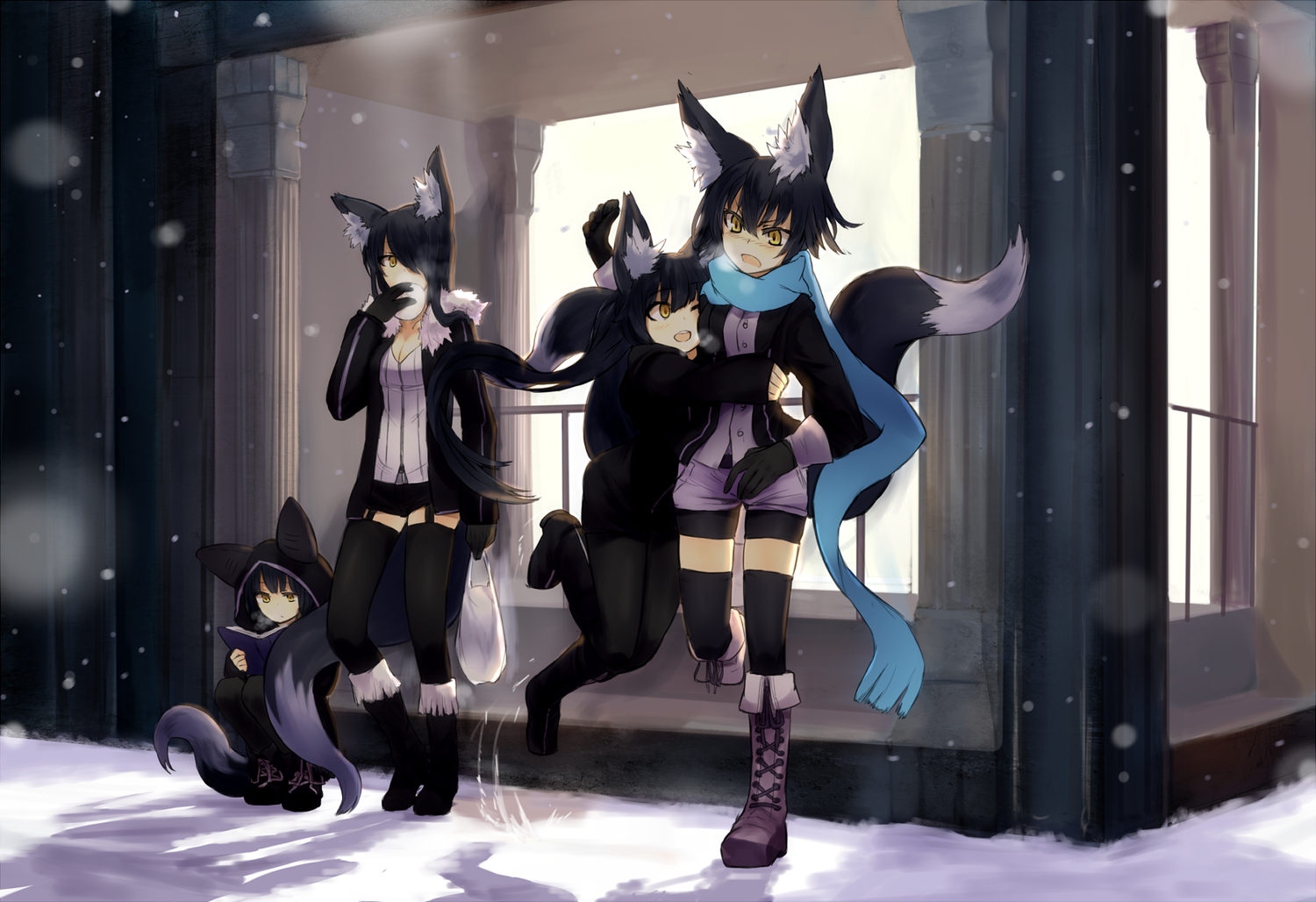 animal_ears, catgirl, foxgirl, ganesagi, group, nanako_(ganesagi), original, snow, tail, winter, yellow_eyes