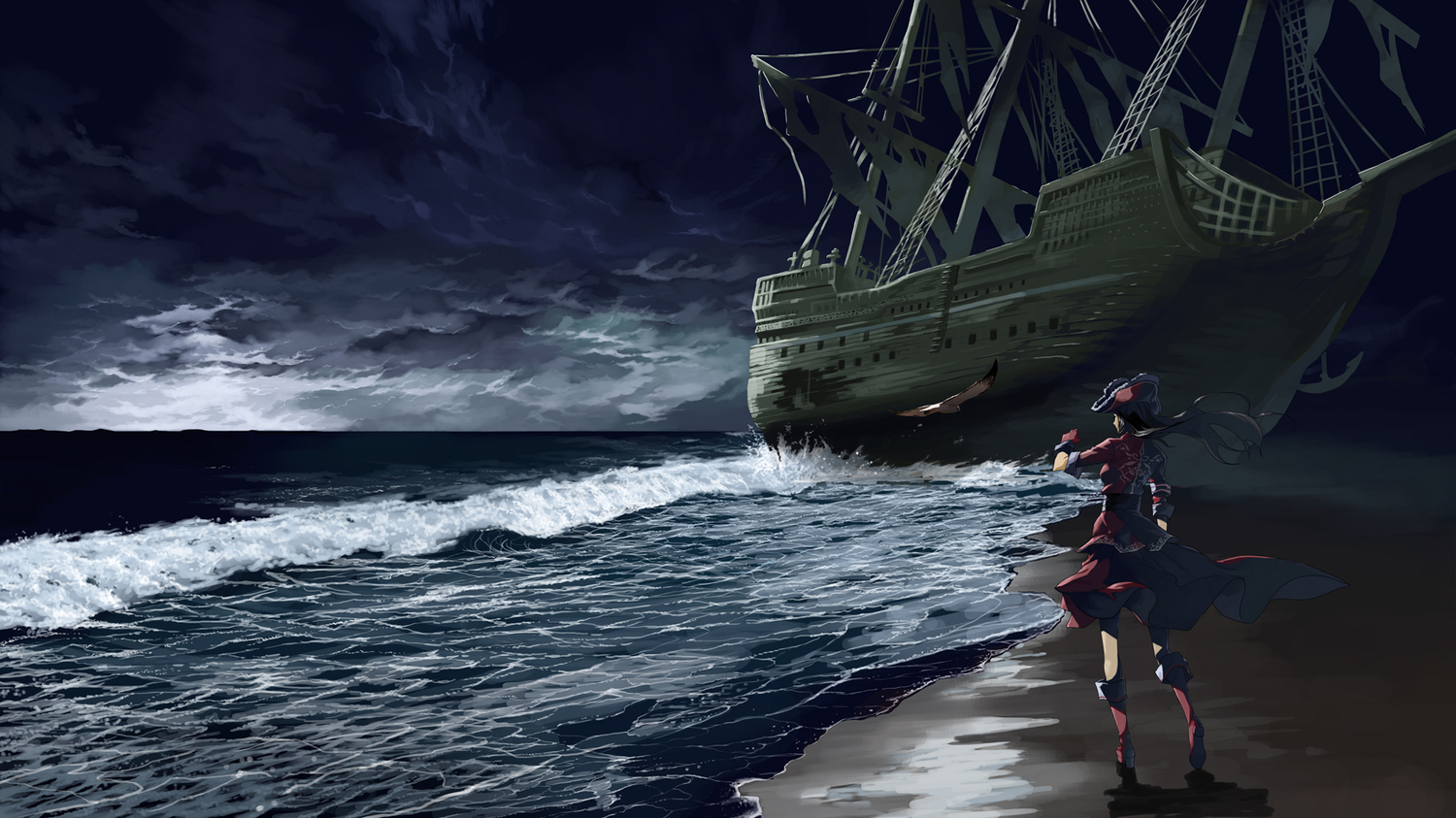 animal, bird, black_hair, boat, boots, dress, gloves, hat