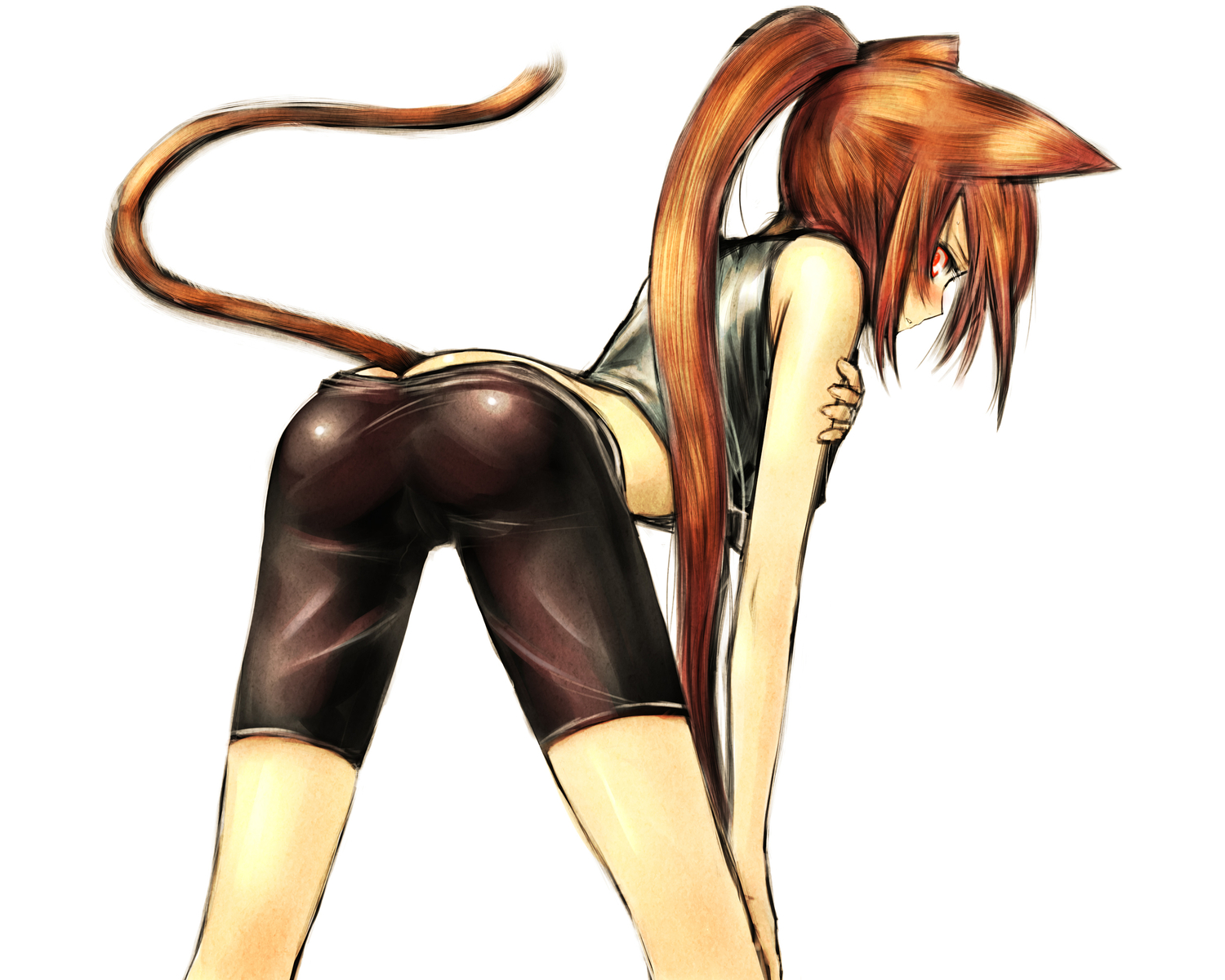 animal_ears, bike_shorts, brown_hair, catgirl, kotoba_noriaki, original, red_eyes, shorts