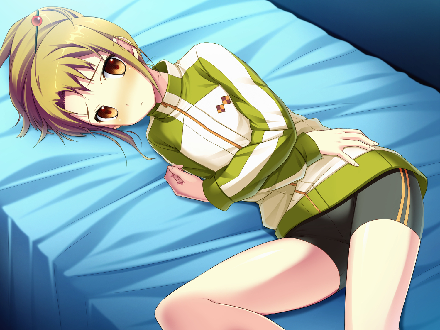 amakura, bed, bike_shorts, blush, brown_hair, game_cg, root_nuko, shorts