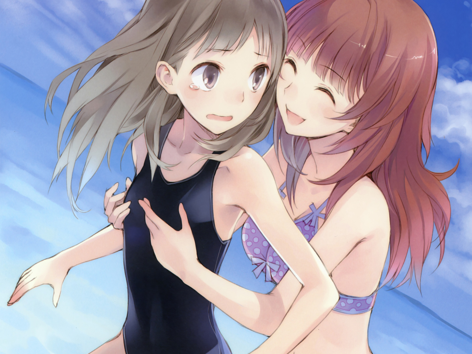 atelier_rorona, atelier_totori, breast_grab, kishida_mel, rororina_fryxell, swimsuit, totooria_helmold