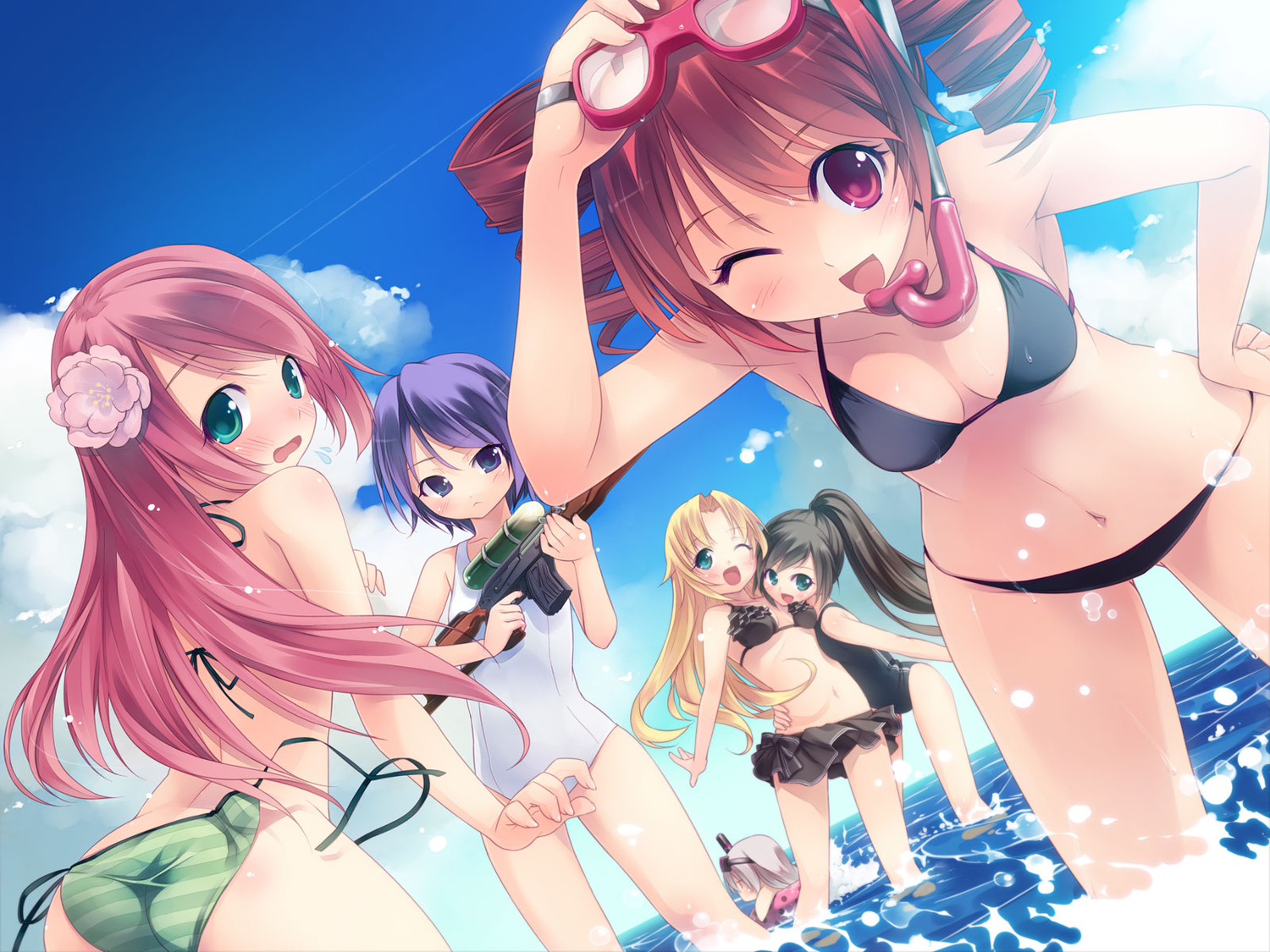 amane_luna, bikini, black_hair, blonde_hair, blush, breasts, chibi, cleavage, clouds, defoko, flowers, goggles, green_eyes, kasane_teto, long_hair, momone_momo, nagone_mako, pink_hair, ponytail, purple_eyes, purple_hair, red_eyes, red_hair, short_hair, sky, sukone_tei, swim_ring, swimsuit, tagme, utau, water, yumeno_mikan