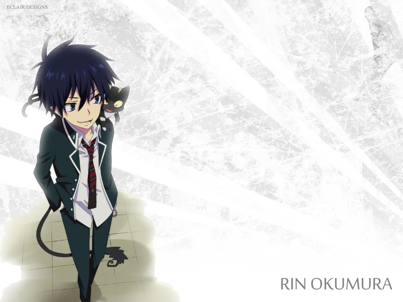 animal, ao_no_exorcist, blue_eyes, blue_hair, cat, kuro_(ao_no_exorcist), okumura_rin, pointed_ears