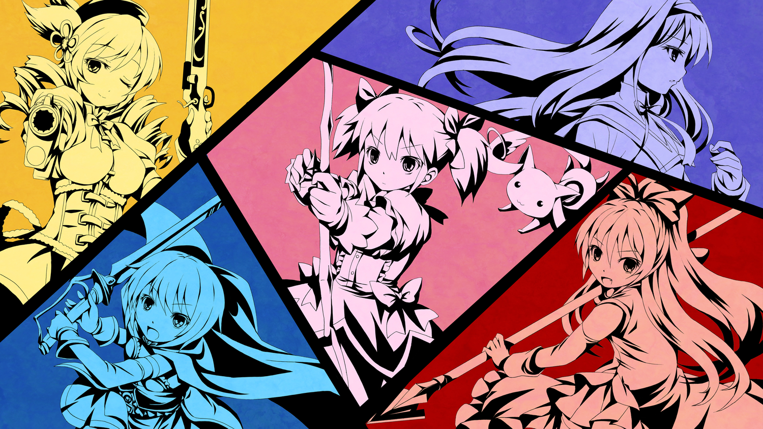 akemi_homura, bow, gun, kaname_madoka, kyuubee, mahou_shoujo_madoka_magica, michii_yuuki, miki_sayaka