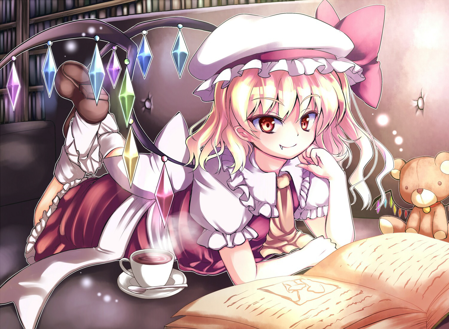 book, drink, fang, flandre_scarlet, fuepo, teddy_bear, touhou, vampire