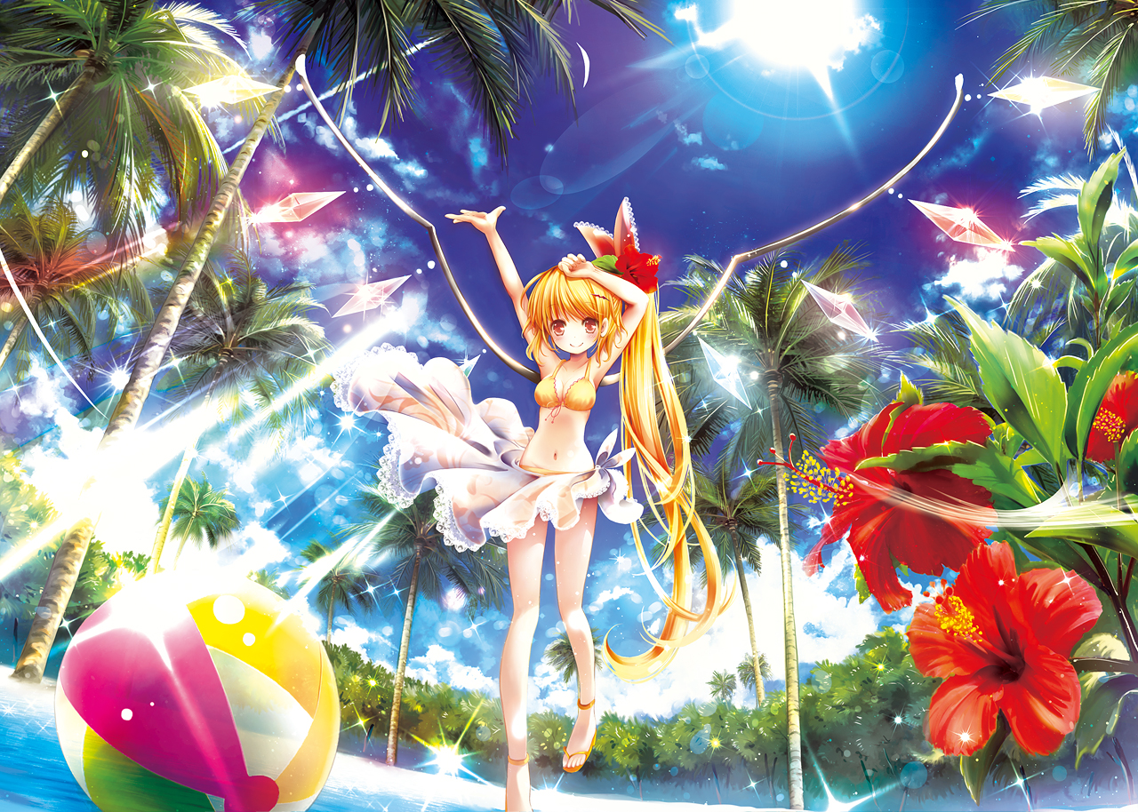 ball, catbell, flandre_scarlet, flowers, long_hair, swimsuit, touhou, tree