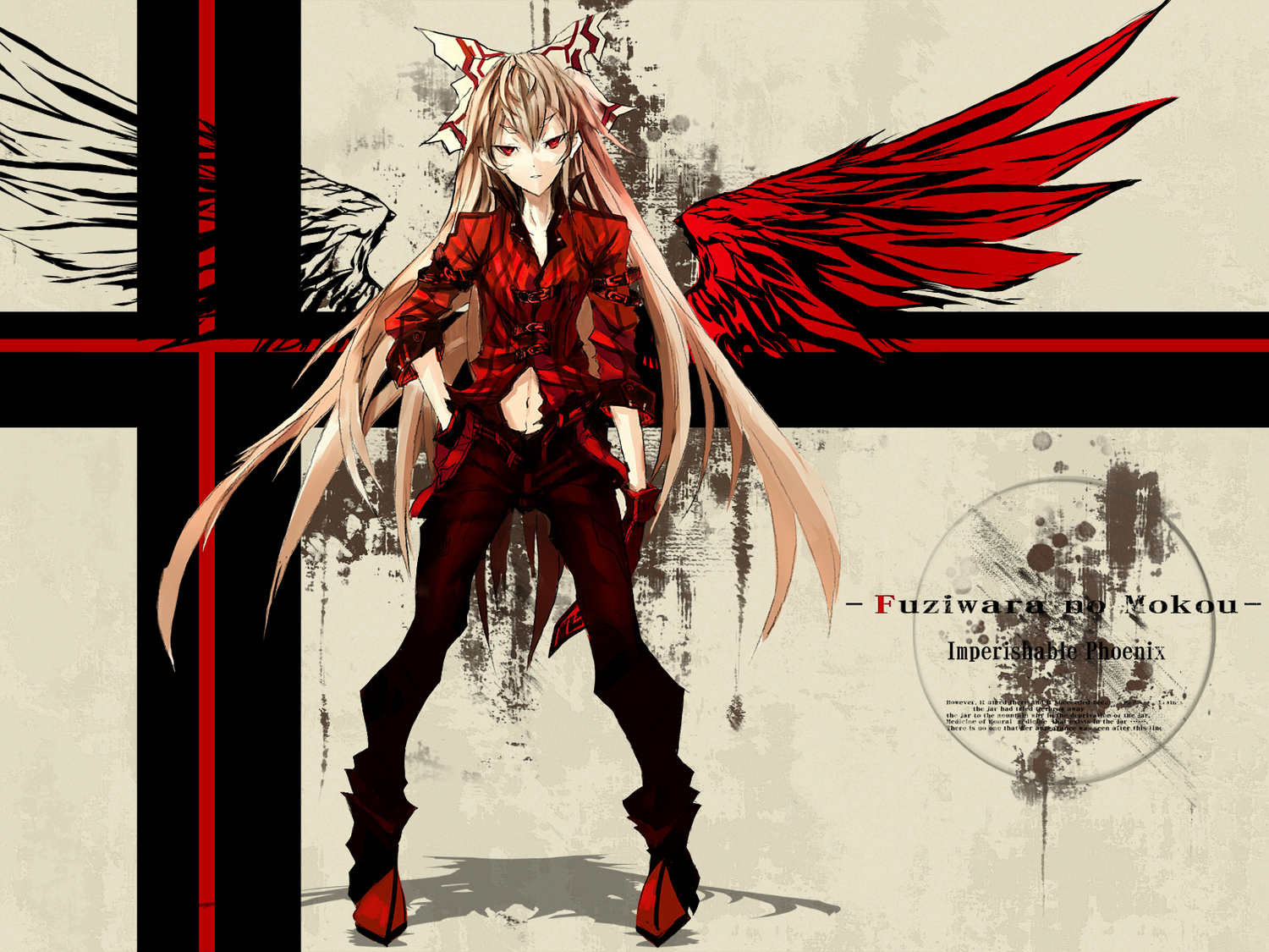 blonde_hair, fujiwara_no_mokou, long_hair, makai_no_juumin, red_eyes, ribbons, touhou, wings