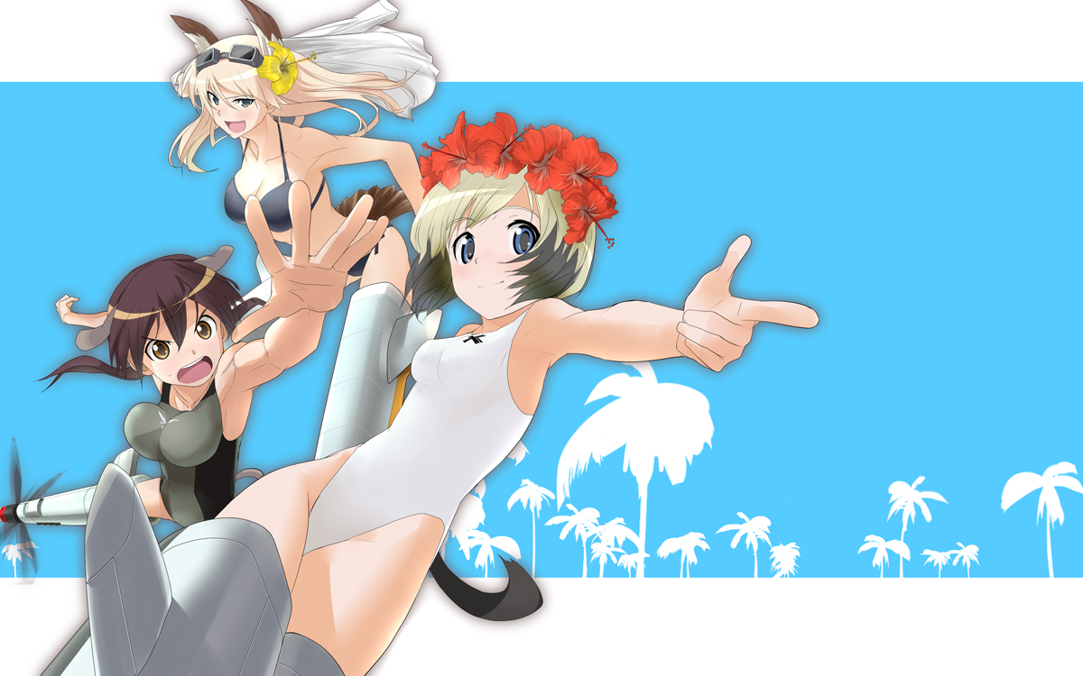 animal_ears, bikini, blonde_hair, brown_hair, erica_hartmann, flowers, gertrud_barkhorn, hanna-justina_marseille
