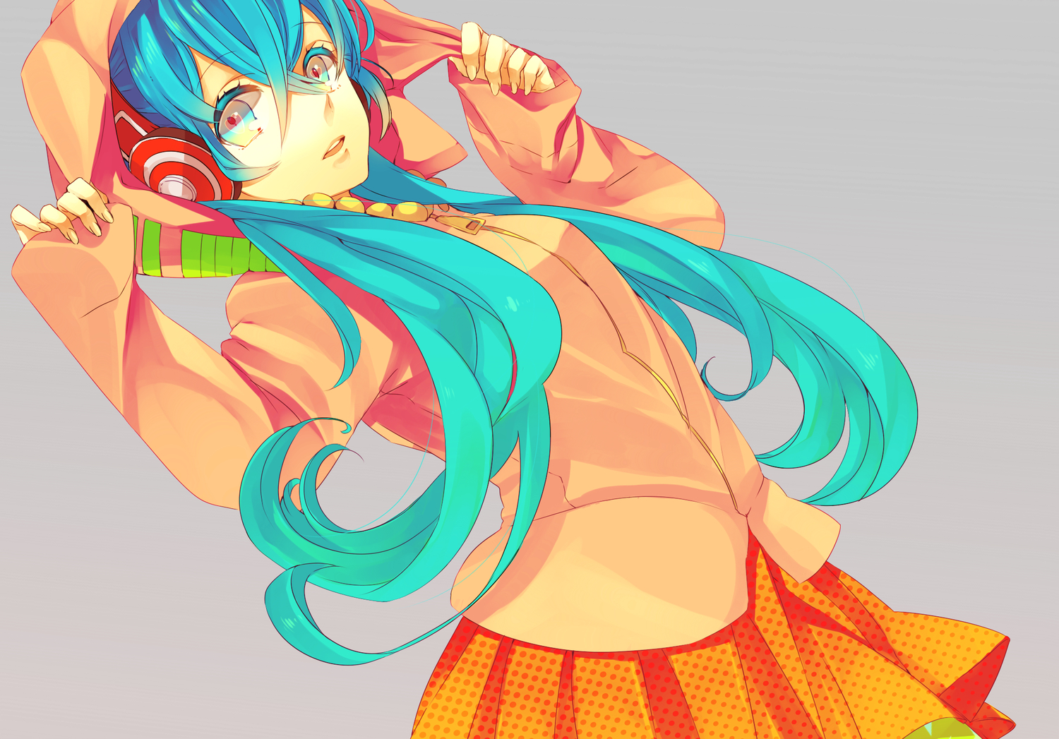 aqua_eyes, aqua_hair, gray, hatsune_miku, headphones, kyama, skirt, vocaloid