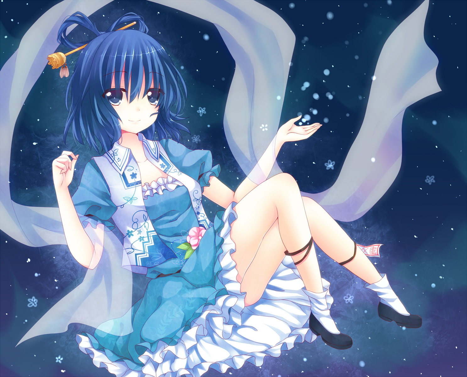 blue_eyes, blue_hair, flowers, ikeda_hazuki, kaku_seiga, short_hair, touhou