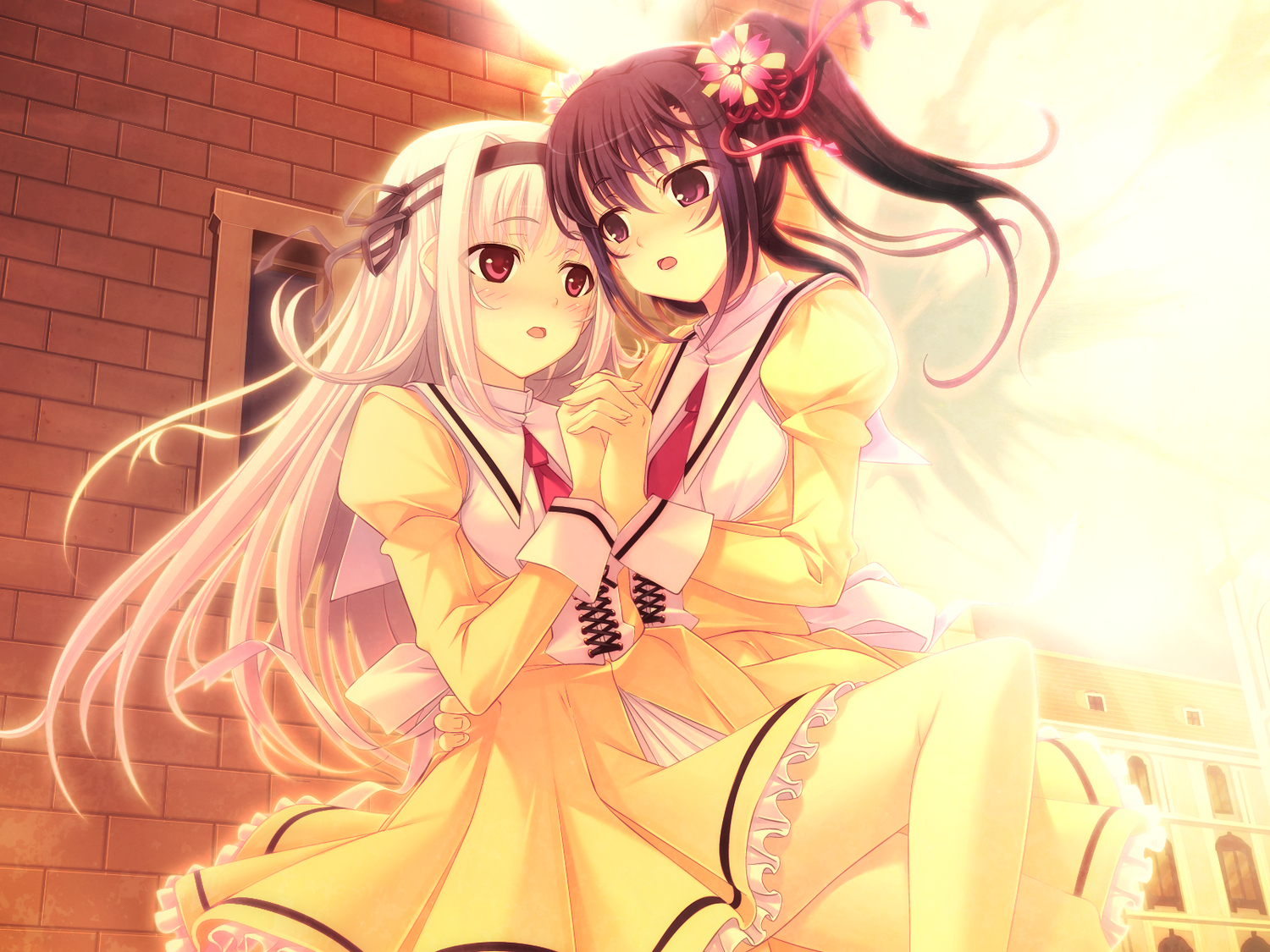 aliasing, blush, brown_hair, flowers, futami_ayame, game_cg, long_hair, male, natsuhi_hikaru, otoko_no_ko, ponytail, school_uniform, tagme_(artist), tenshi_no_hane_wo_fumanaide, white_hair