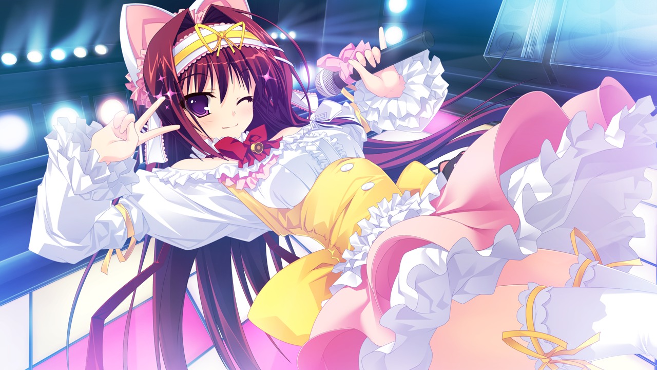 game_cg, kikurage, kimi_wo_aogi_otome_wa_hime_ni, microphone, washio_rin, wink