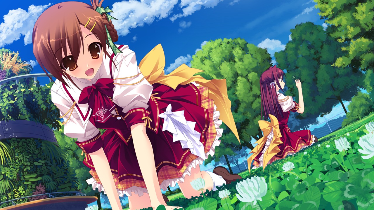 2girls, clouds, game_cg, kikurage, kimi_wo_aogi_otome_wa_hime_ni, miyazono_hitomi, school_uniform, sky, washio_rin