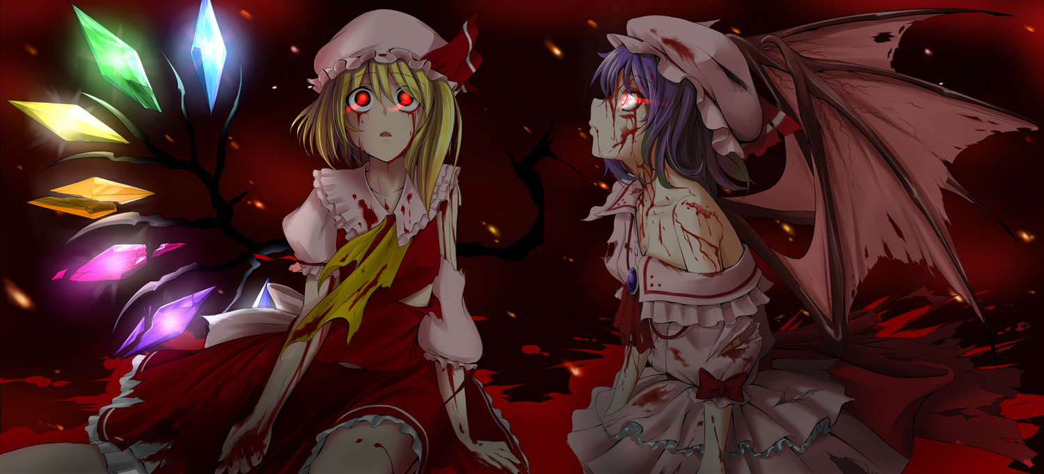 2girls, blonde_hair, blood, bow, dress, flandre_scarlet, hat, purple_hair, red_eyes, remilia_scarlet, takebi, touhou, vampire, wings
