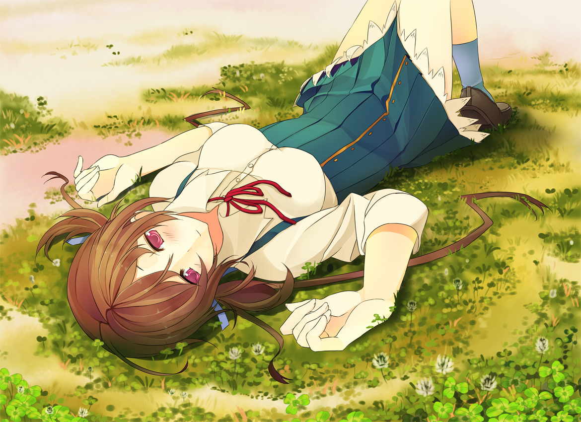 aomi_isara, brown_hair, flowers, grass, koi_to_senkyo_to_chocolate, minoinomi, ribbons, school_uniform, twintails