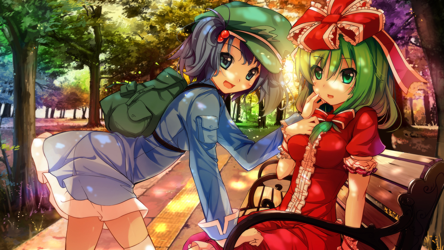 2girls, blue_eyes, blue_hair, bow, green_eyes, green_hair, hat, kagiyama_hina