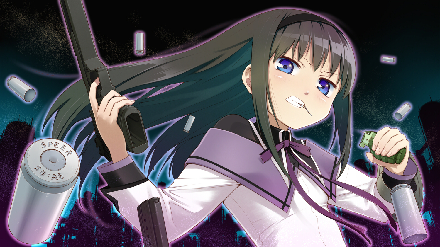 akemi_homura, black_hair, blue_eyes, gun, mahou_shoujo_madoka_magica, school_uniform, weapon, youkann00