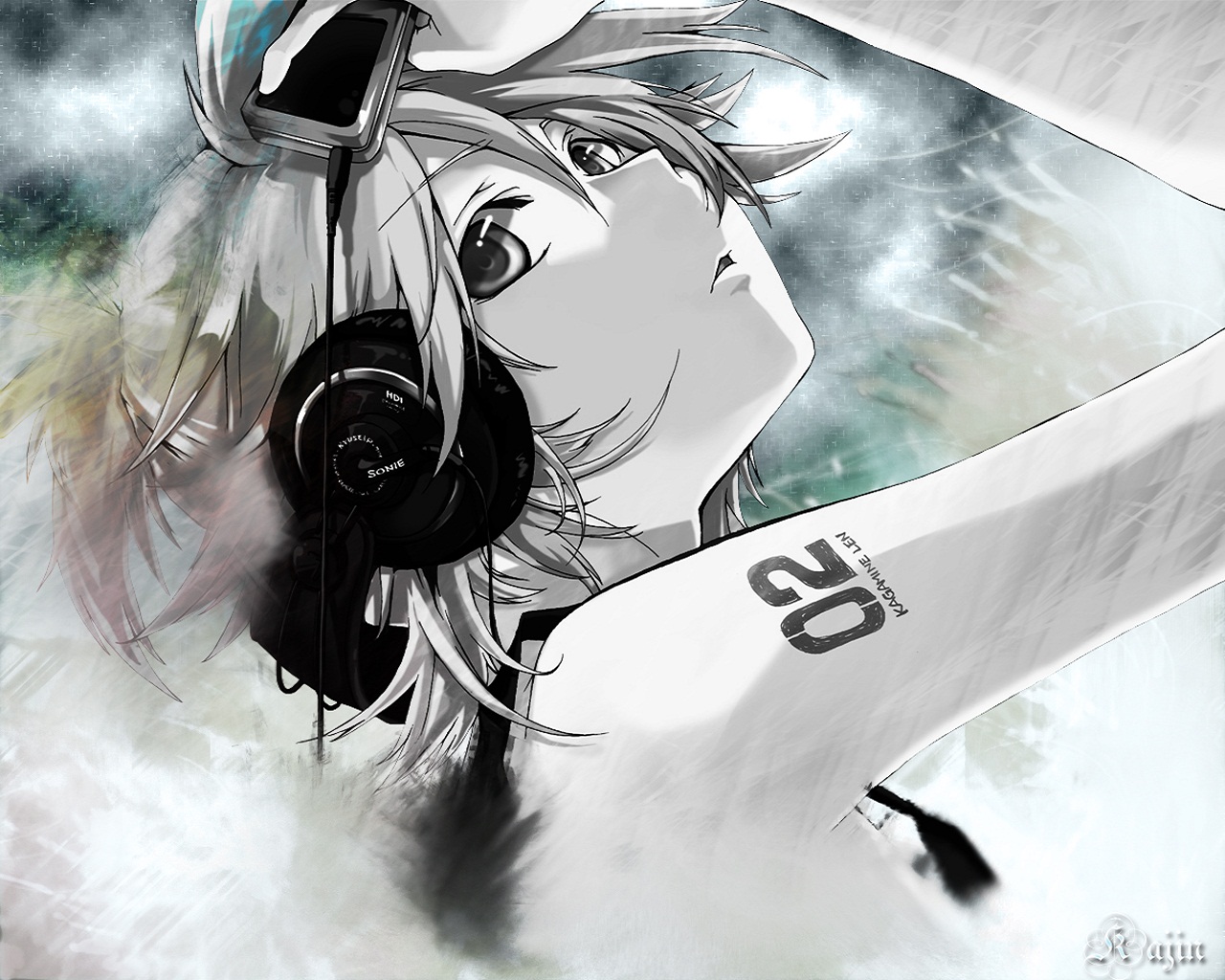 all_male, close, headphones, hekicha, kagamine_len, male, monochrome, vocaloid