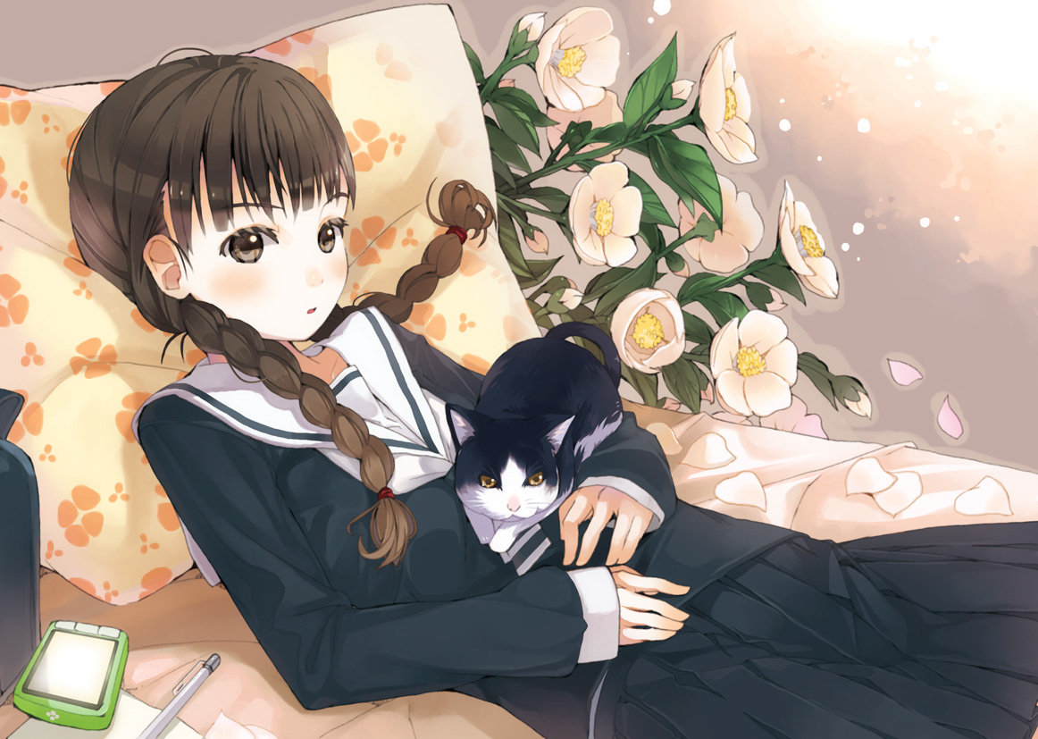 animal, bed, braids, cat, chiharu_(nekomimibousi96), flowers, original, phone, school_uniform