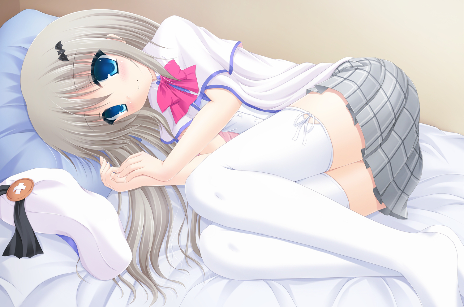 bed, blue_eyes, hat, little_busters!, noumi_kudryavka, school_uniform, shimotsuki_keisuke, thighhighs