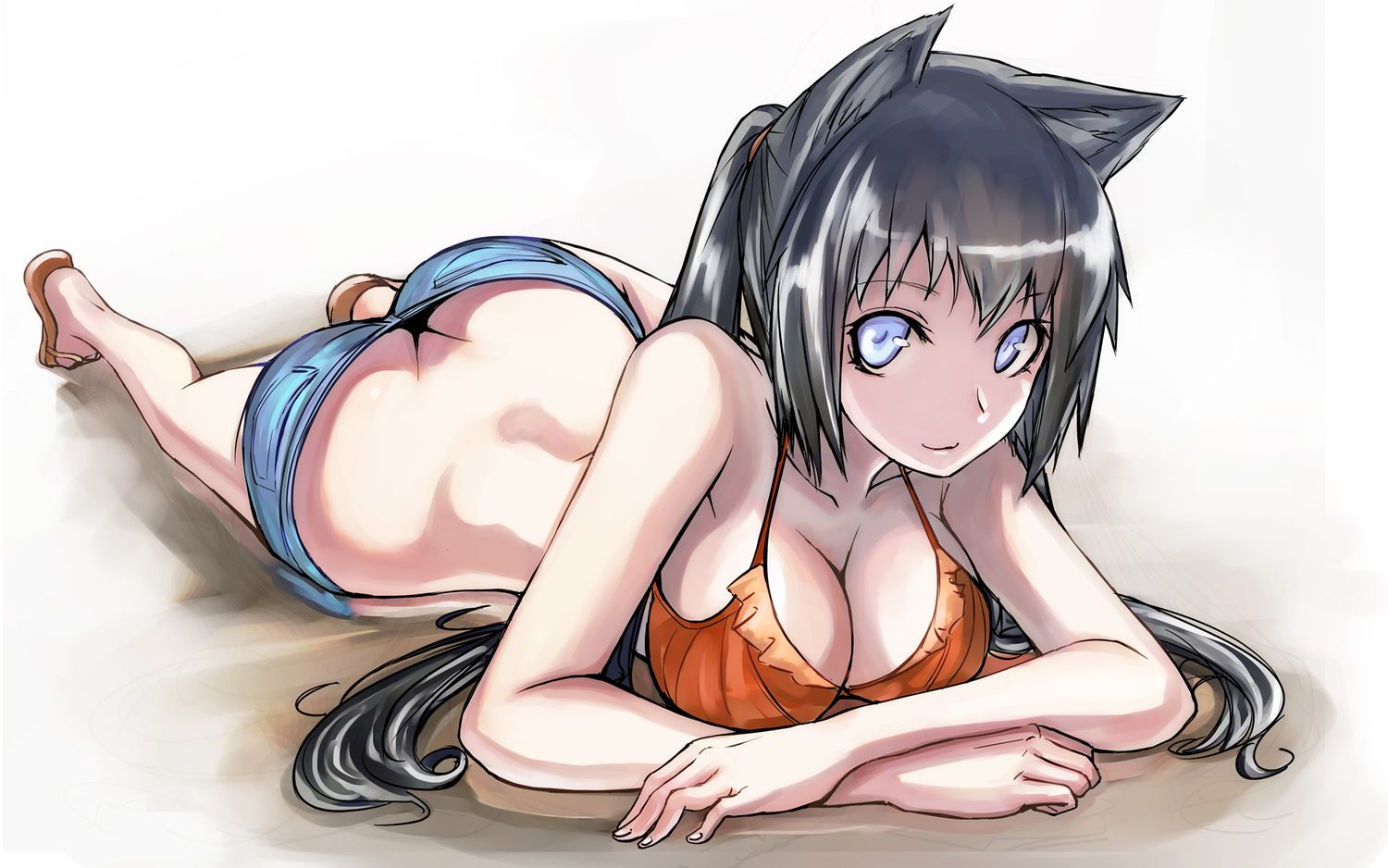animal_ears, black_hair, blue_eyes, breasts, cleavage, original, tea_(nakenashi)