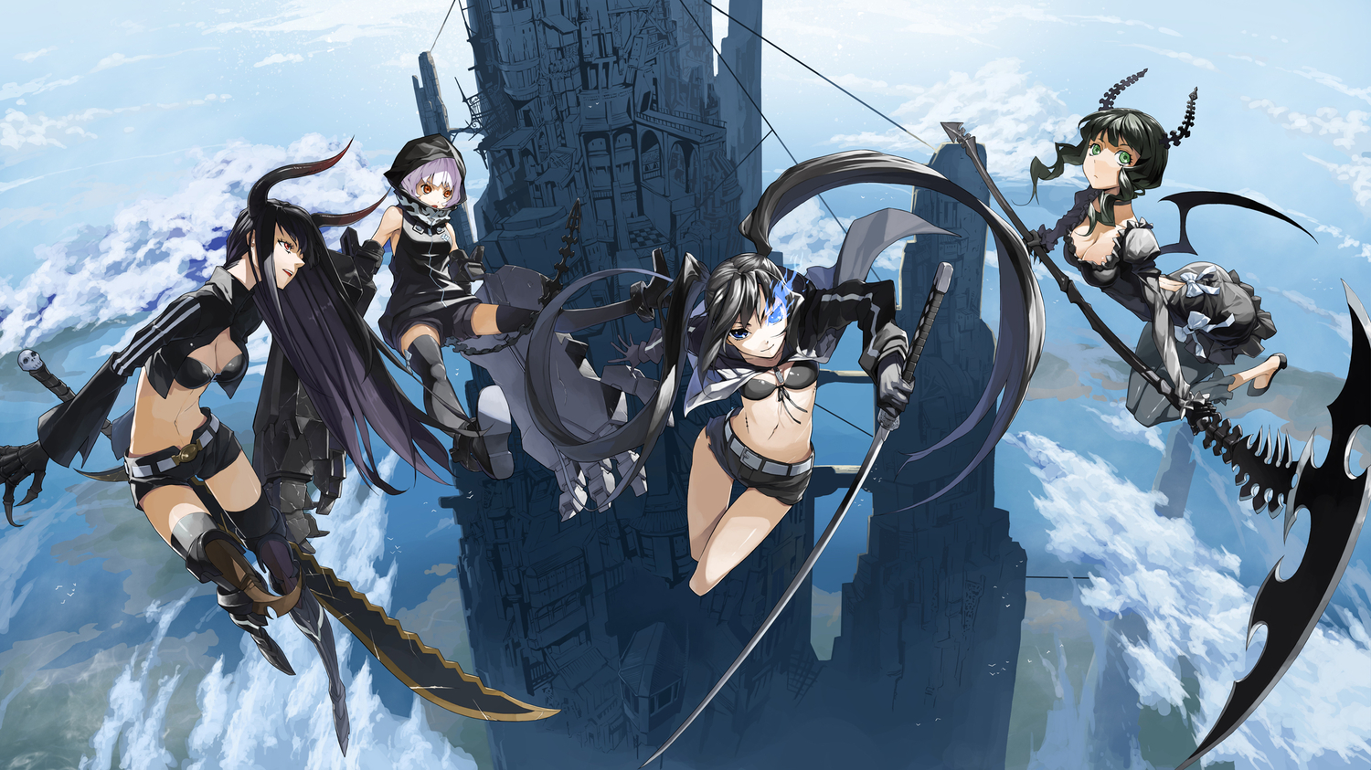black_rock_shooter, clouds, hood, horns, irino_saya, justminor, koutari_yuu, kuroi_mato, scythe, sky, sword, takanashi_yomi, thighhighs, twintails, weapon