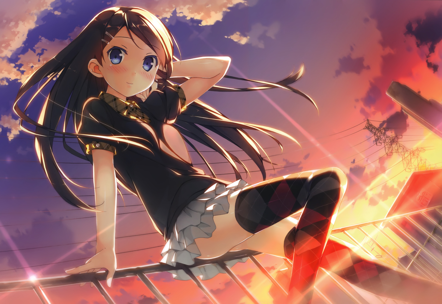 5_nenme_no_houkago, black_hair, blue_eyes, kantoku, long_hair, miyaguchi_hiromi, original, scan, sunset, thighhighs