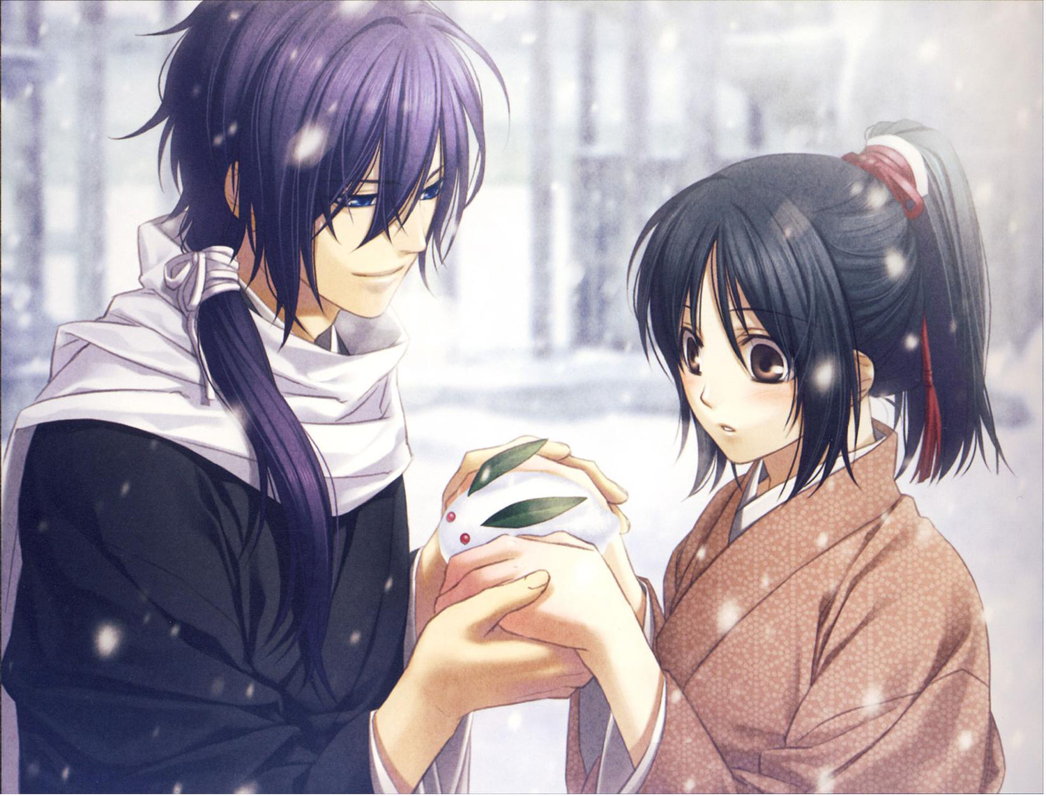 hakuouki_shinsengumi_kitan, japanese_clothes, kazuki_yone, kimono, long_hair, male, ponytail, saitou_hajime, snow, yukimura_chizuru