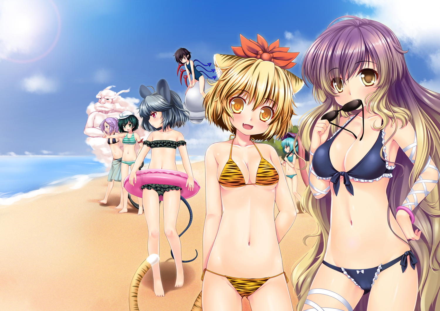 animal_ears, beach, bikini, catgirl, group, hijiri_byakuren, houjuu_nue, kumoi_ichirin