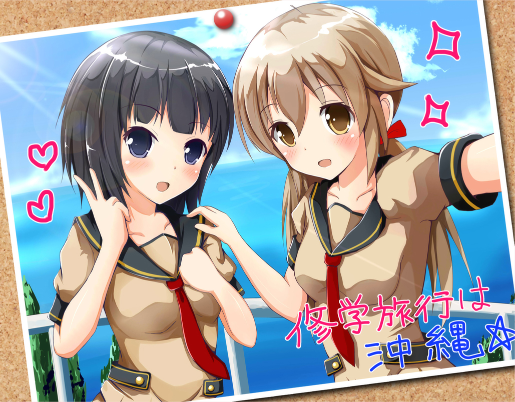 2girls, ok-ray, original, school_uniform, tie, water