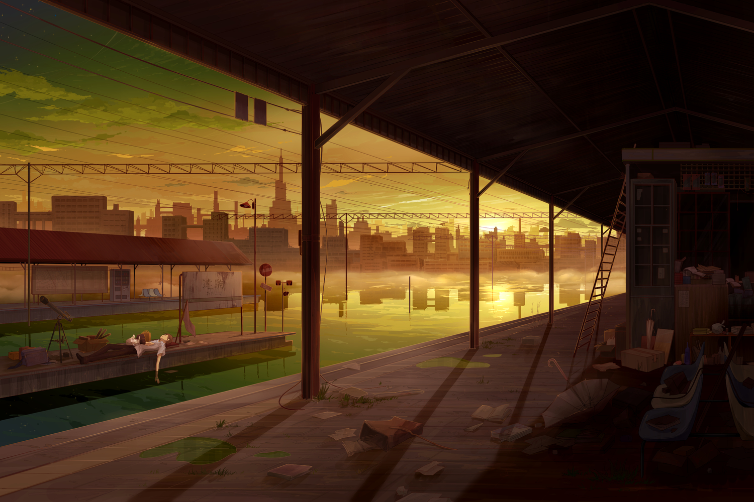 brown_hair, city, juuyonkou, original, short_hair, sky, sunset, umbrella, water