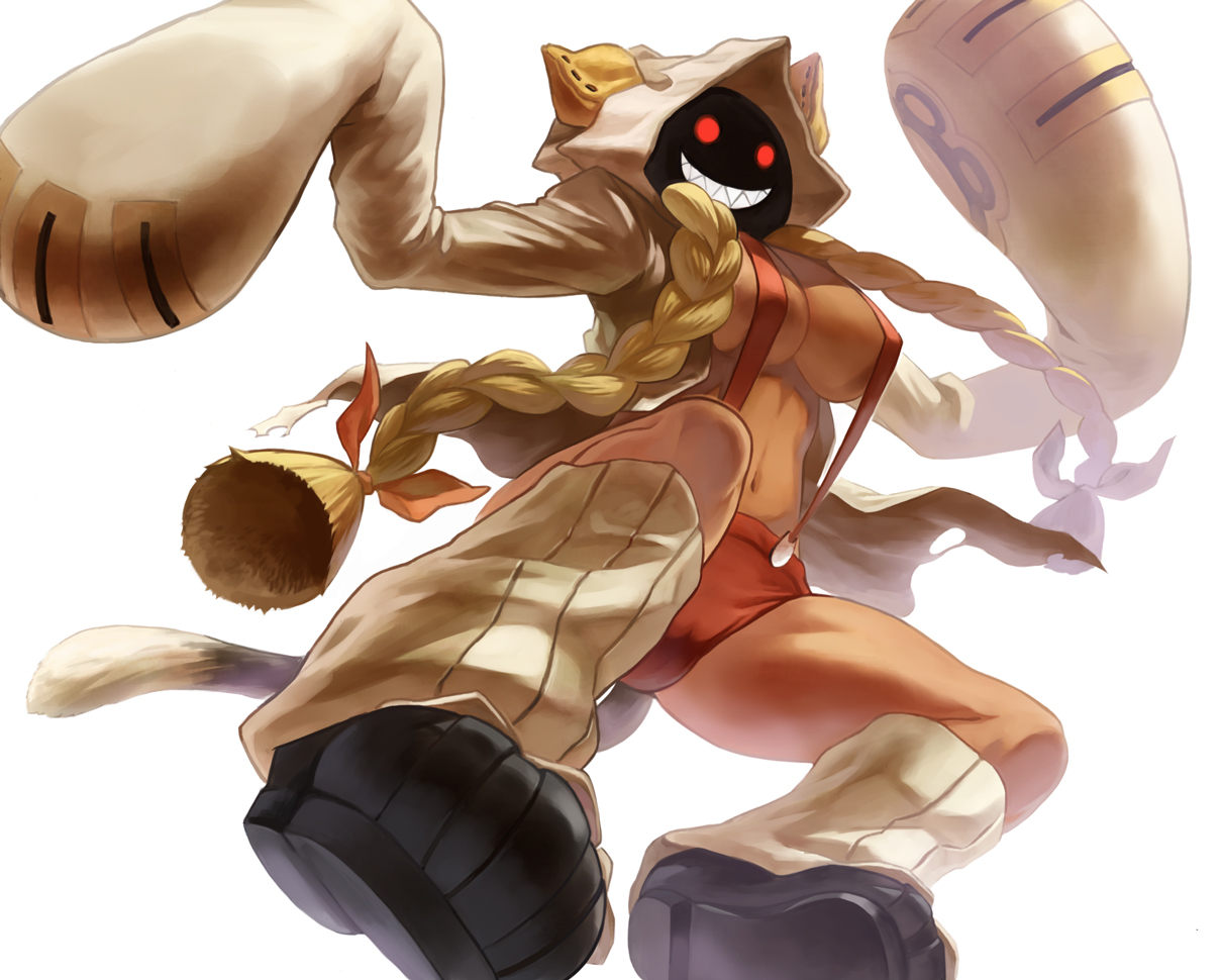 animal_ears, blazblue, blonde_hair, braids, breasts, catgirl, long_hair, red_eyes, tail, takeda_kanryuusai, taokaka