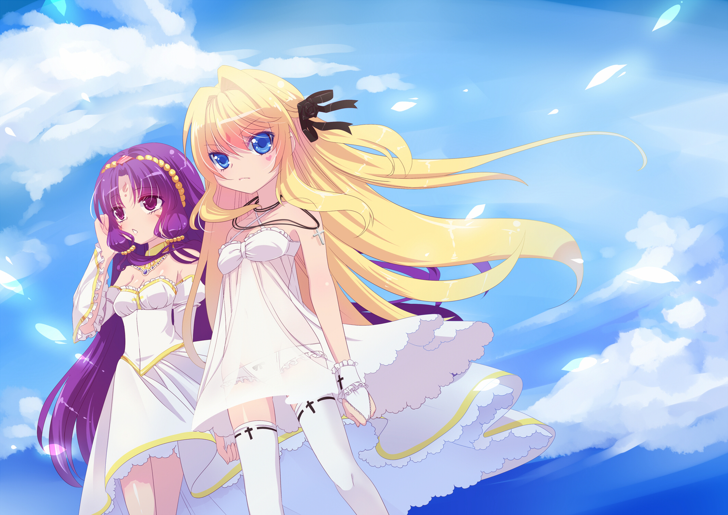 blonde_hair, blue_eyes, clouds, delores_(mvv), dress, eleanor_(mvv), long_hair, mvv