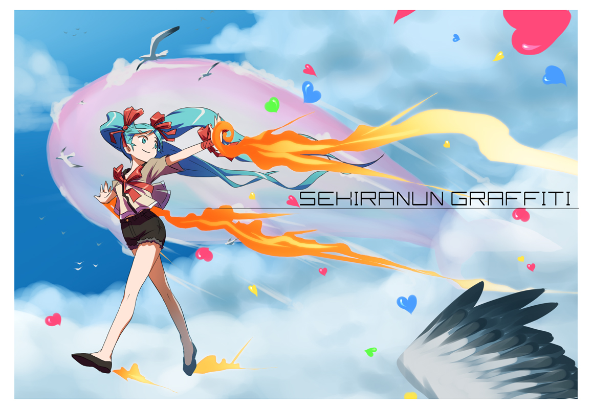animal, aqua_hair, bird, fire, hatsune_miku, king_of_unlucky, sky, twintails, vocaloid