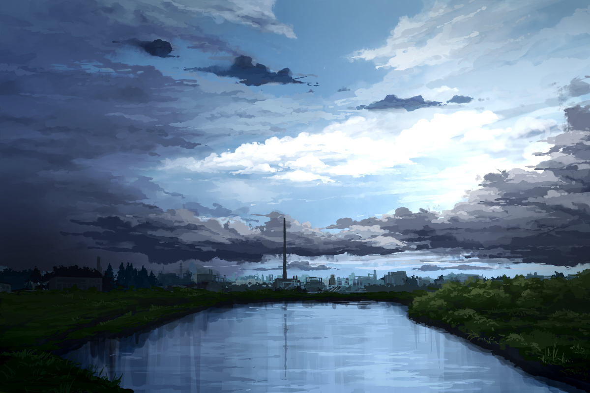clouds, grass, juuyonkou, landscape, original, scenic, sky, tree