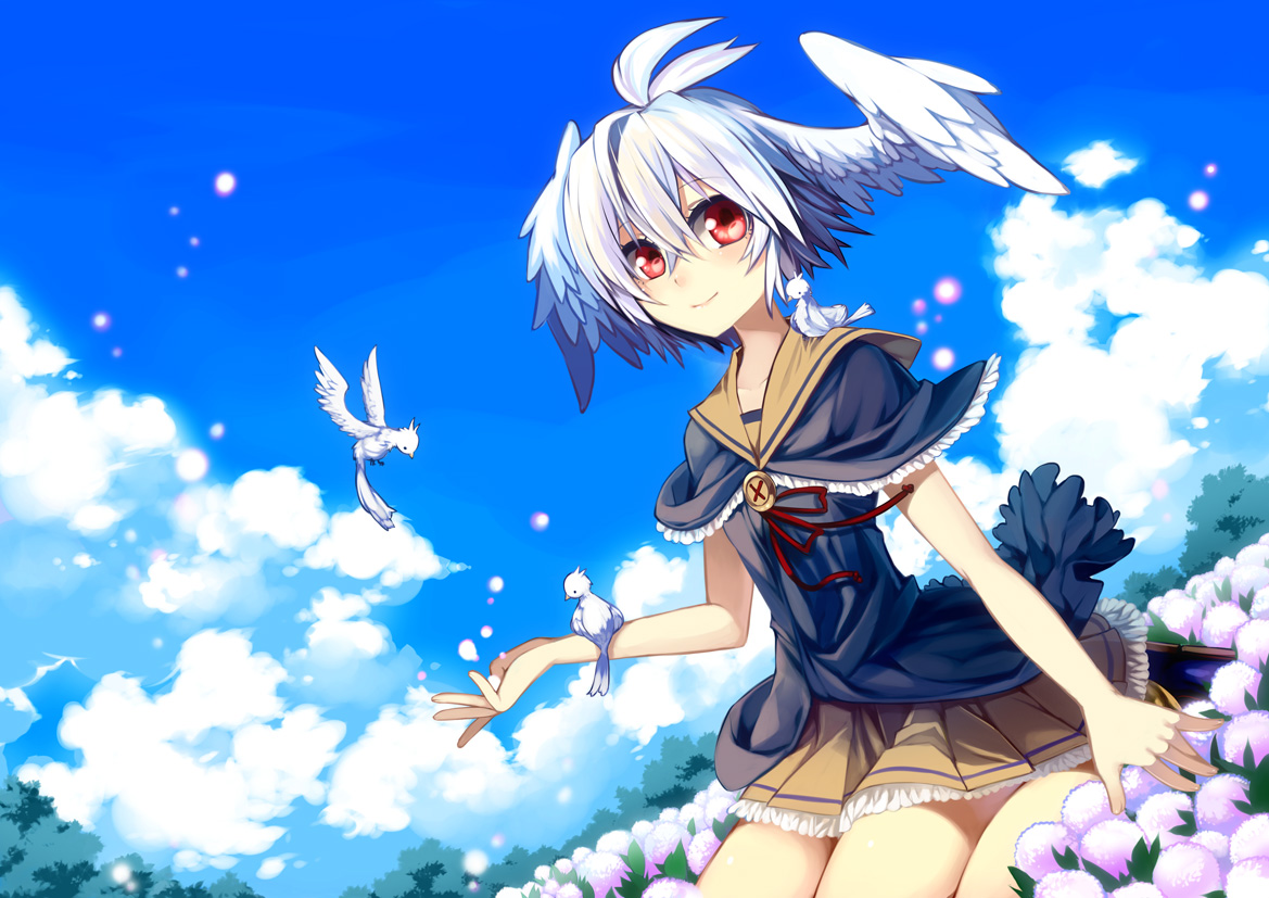 animal, bird, clouds, kaida_michi, original, red_eyes, school_uniform, short_hair