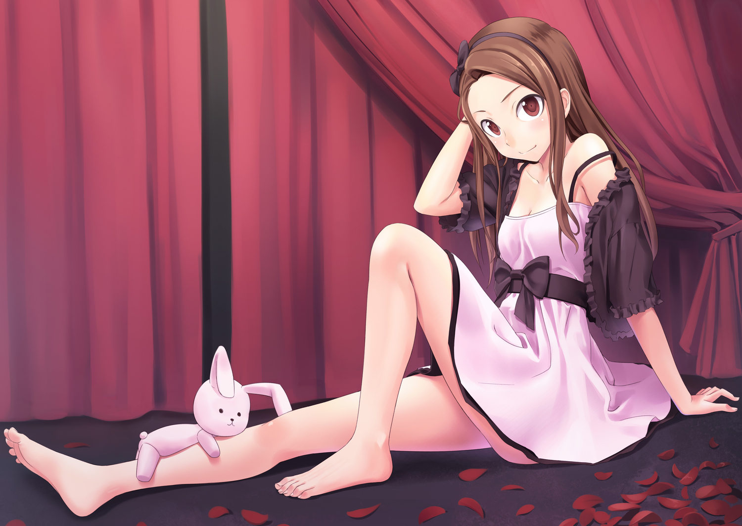 barefoot, brown_hair, doll, dress, idolmaster, minase_iori, petals, red_eyes