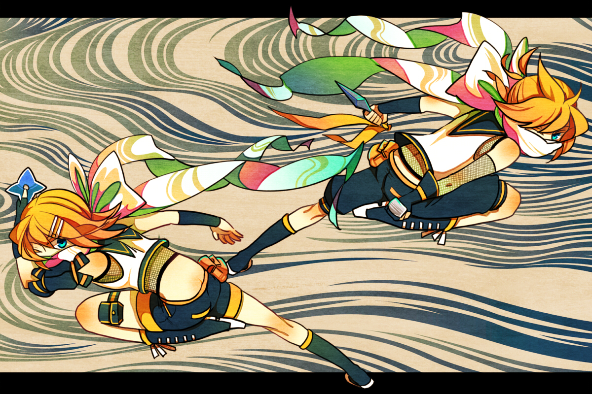 kagamine_len, kagamine_rin, male, ninja, rokuroku, vocaloid, weapon