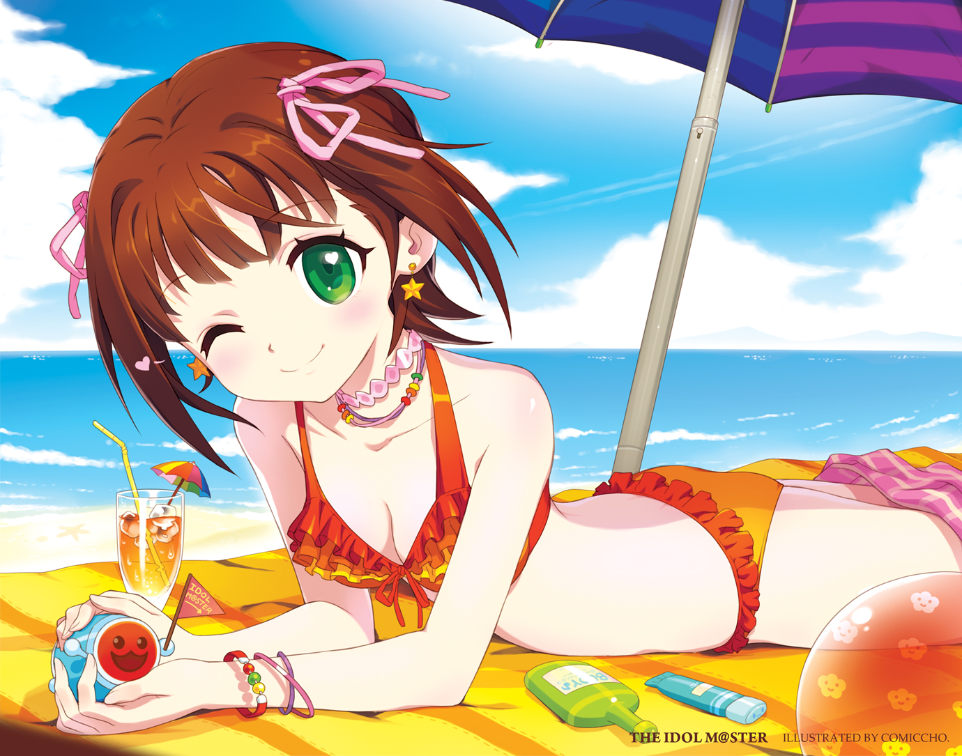 amami_haruka, ball, beach, bikini, comiccho, green_eyes, idolmaster, swimsuit, wink