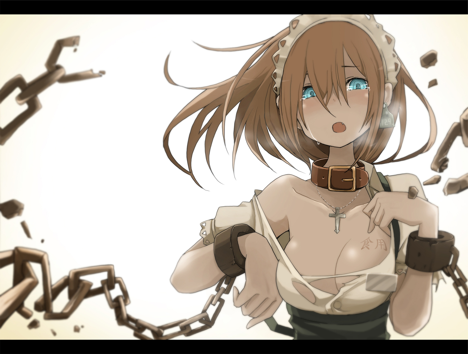 aqua_eyes, breasts, chain, cleavage, collar, fang, original, takagi_(tansuke), tansuke