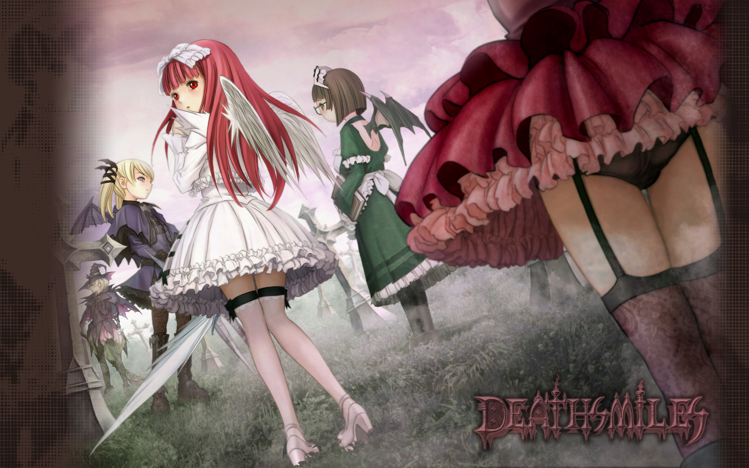 blonde_hair, book, brown_hair, casper, deathsmiles, dress, follet, garter_belt, hat, purple_eyes, red_eyes, red_hair, rosa, sakura_(deathsmiles), sword, thighhighs, weapon, windia, wings, witch