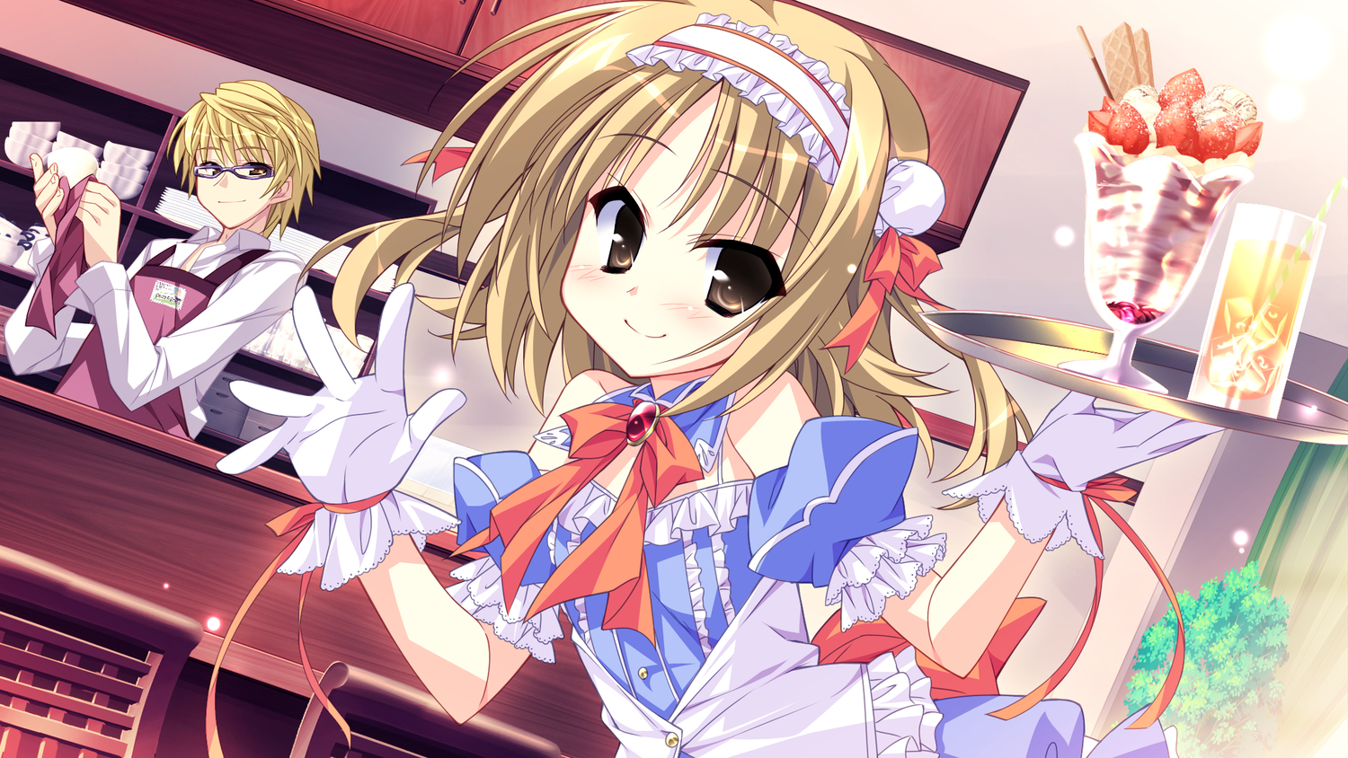blonde_hair, drink, game_cg, gloves, hinata_mutsuki, kouda_hazumi, skyfish, waitress