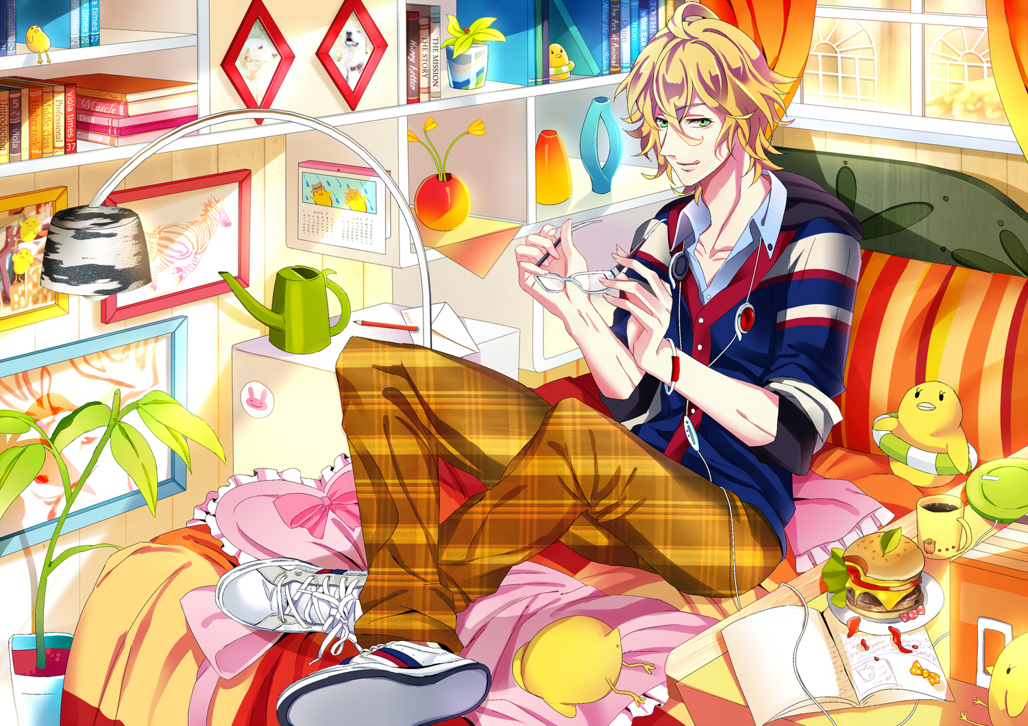 all_male, blonde_hair, book, food, glasses, green_eyes, male, shinomiya_natsuki