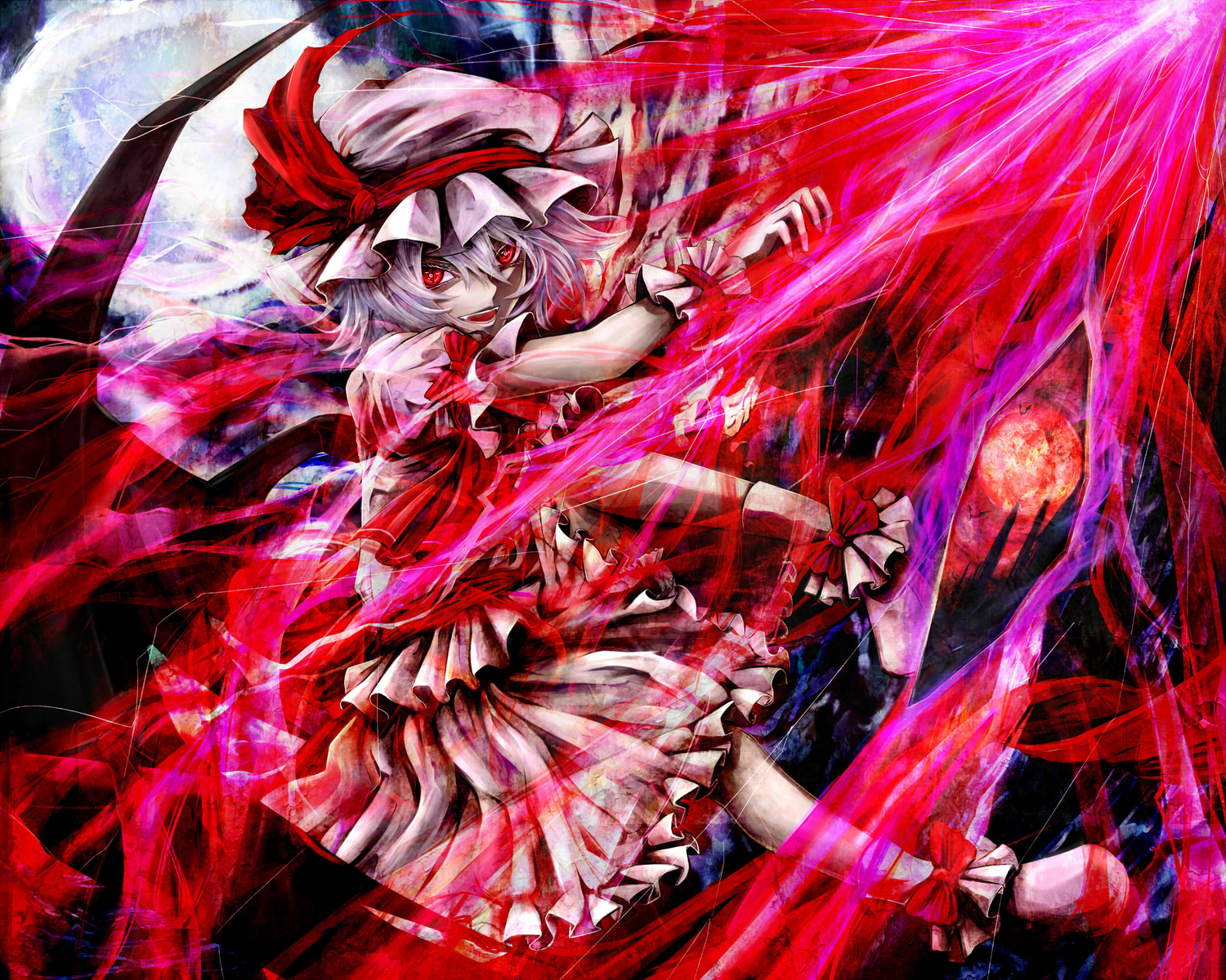 dress, hat, kazabana_kazabana, moon, red_eyes, remilia_scarlet, touhou, vampire