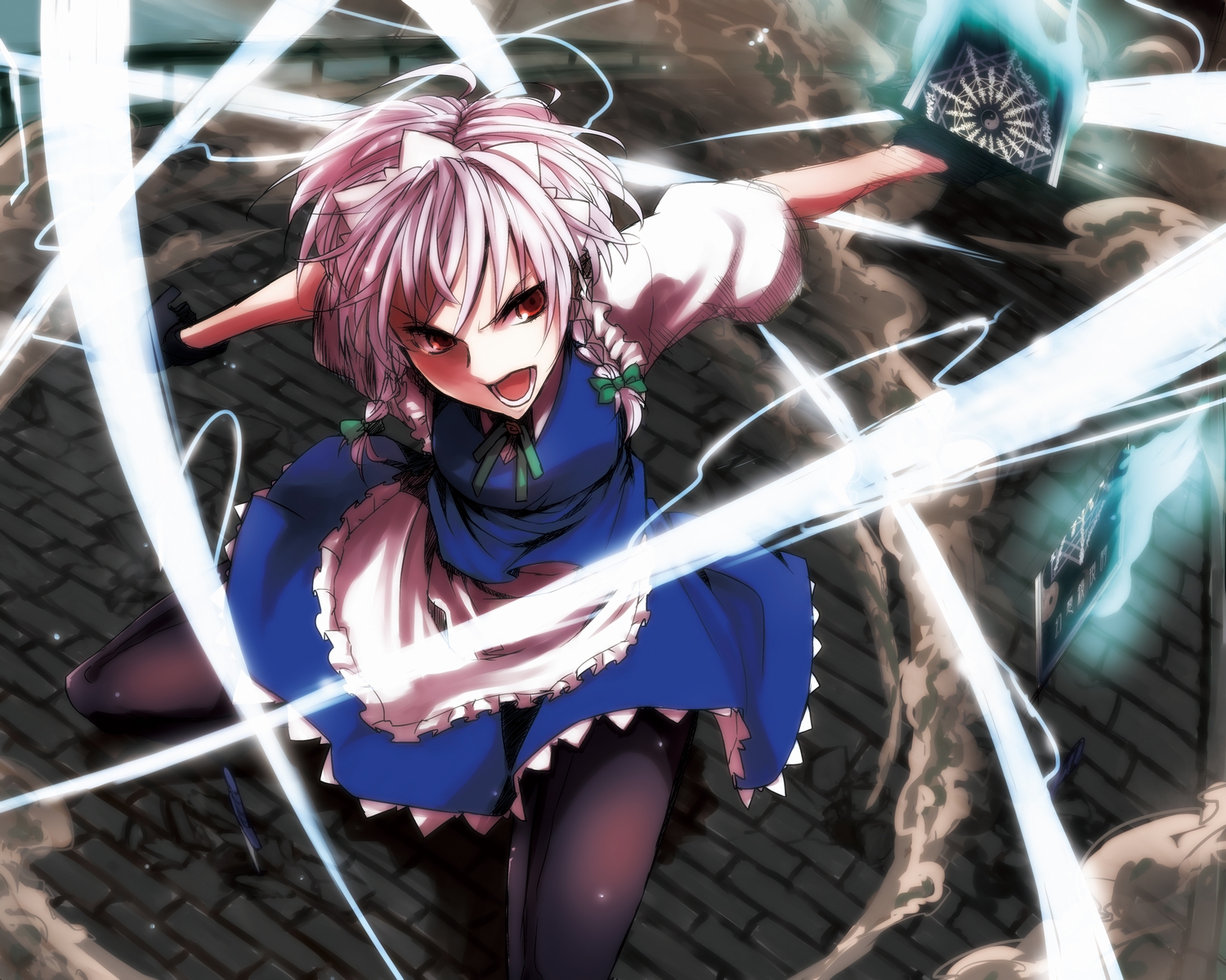 braids, fire, gloves, gray_hair, hinomoto_madoka, izayoi_sakuya, knife, maid