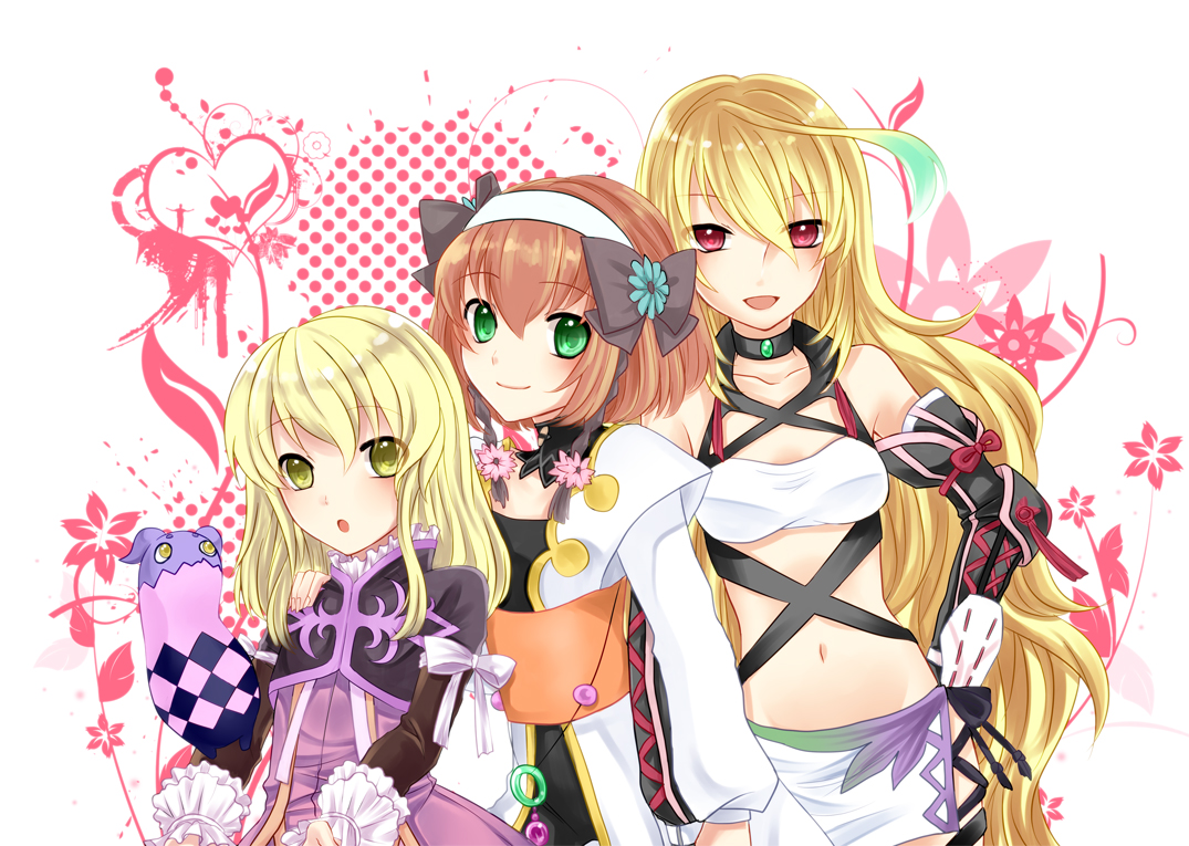 blonde_hair, brown_hair, elise_lutas, green_eyes, leia_rolando, milla_maxwell, red_eyes, tales_of_xillia