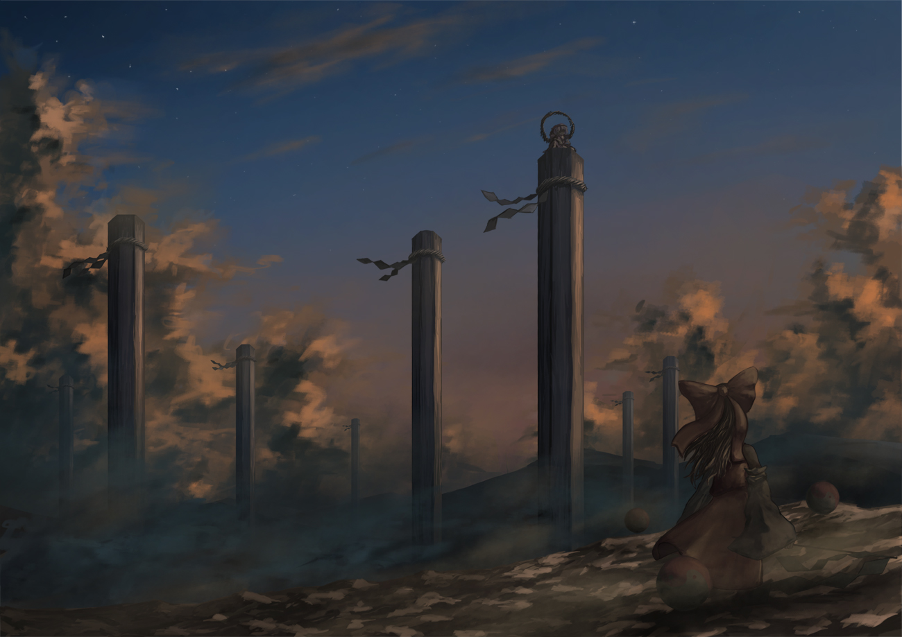 2girls, bow, clouds, hakurei_reimu, japanese_clothes, miko, rope, sasajqazwsx